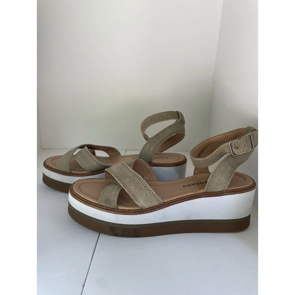 Lucky Brand Suede Wedge Platform Sandal Size‎ 8.5 Tarhi Olive Green Brown Whit